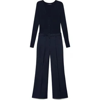 Mango Mixed Media Jumpsuit in Dark Navy at Nordstrom, Size Medium