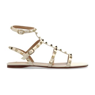 Valentino Garavani Flat Sandals, female, Beige, Size: 7 1/2 US Rockstud Flat Calfskin Sandal With Straps