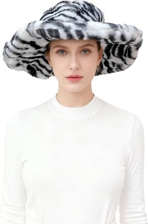 Lina & Lily Oversized Womens Winter Bucket Hat Faux Fur Wide Floppy Brim (Zebra White Black)