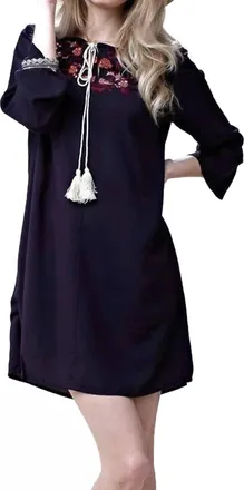 Greek Archaic Kori Floral Embroidered Shift Dress In Navy