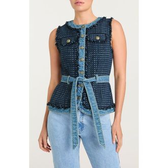 Cinq &agrave; Sept Joans Belted Tweed Denim Trim Vest in Blue Haze/Indigo Multi at Nordstrom, Size X-Small