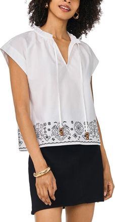 Vince Camuto Ruffle Trim Split Neck Border Print Top in Rich Black at Nordstrom, Size Xx-Small