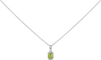 House of Brilliance 10K White Gold 5x3mm Birthstone and Diamond Accent Halo Octagonal Shape Pendant Necklace in Green Peridot | White at Nordstrom