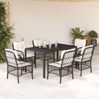 vidaXL Set De Comedor De Jard&iacute;n 7 Pzas Y Cojines Rat&aacute;n Sint&eacute;tico Negro Vidaxl