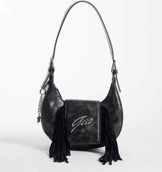 I.AM.GIA Tia - Borsa da spalla regolabile in pelle sintetica testurizzata nera slavata con logo cromato e frange sul davanti-Nero