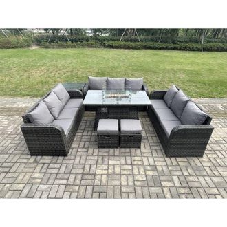 Fimous Rattan Furniture Garden Dining Set Gas Fire Pit Table With Side Table Lounge Sofa 2 Small Footstools Dark Grey Mixed - Fimous