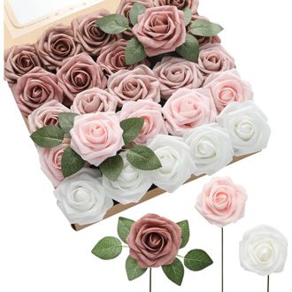 OEM 50 Rosas Artificiales De Color Beige Degradado, Rosas De Espuma Realistas Con Tallos, Ideales Para Ramos De Novia Y Decoraci&oacute;n De Mesas