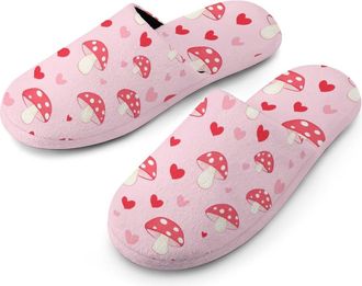Generic Mushroom Heart Pattern Mens Flannel Slipper Soft Comfy House Shoes Non Slip Winter Warm Indoor Outdoor Slippers