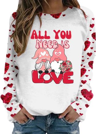 Generic Womens Sweatshirts Valentines Day Lightweight Jumper Cute Love Heart Gnomes Printed Loose Top Long Sleeve Round Neck Shirts Red Holiday Pullover Blous