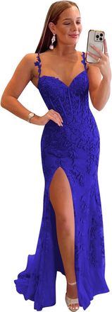 Generic Tulle Lace Applique Prom Gown Spaghetti Strap Mermaid Evening Dresses Long Backless Party Dress with Split for Women Royal Blue