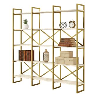 Dmora Dmora - Estante Para Libros Sagit, Estante De Oficina, Porta Libros M&oacute;vil, Biblioteca, 170x30h175 Cm, Blanco Y Oro, Con Embalaje Reforzado