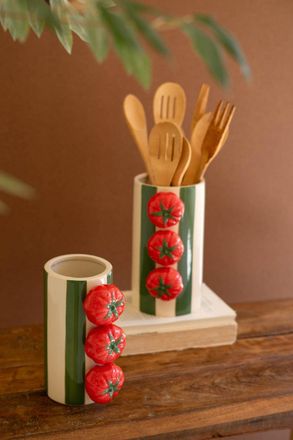 Kalalou Set Of Two Ceramic Green Striped Vases With Tomatoes
