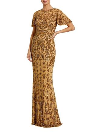 Mac Duggal Womens Embellished High Neck Flutter Sleeve Gown in Nude Gold at Nordstrom, Size 14