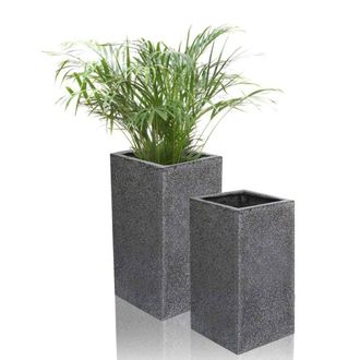 PRIMROSE Set of 2 Poly-Terrazzo Black Tall Cube Outdoor Planters 60cm in Grey