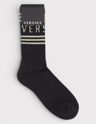 Versace Womens Versace Logo Intarsia Cotton Gold Tinted Crew Socks Black - Size: 6.5/6/7/7.5