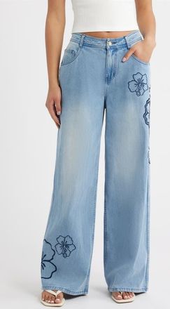 Kulani Kinis Floral Embroidered Wide Leg Jeans in Sundrunk at Nordstrom, Size X-Small