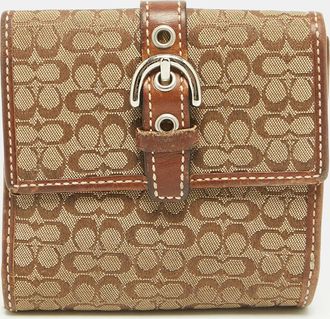 Coach Buckle Flap Brown/beige Signature Fabric And Leather French Wallet