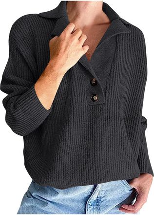 Generic Womens Jumpers Collared V Neck Sweaters - Fall,Casual,Long Sleeve,Button Up,Knitted,Polo,Loose,Spring,Autumn,Winter,Solid,Acrylic,Warm Cute Pullover T