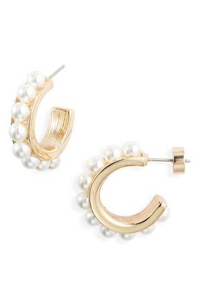Nordstrom Channel Set Faux Pearl Hoop Earrings in White- Gold at Nordstrom