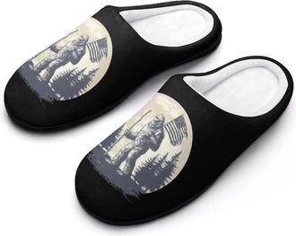 Generic Travel Sasquatch Bigfoot U.S. Flag Moon Funny Mens Cotton Slippers Soft Non-Slip Rubber Sole House Slipper Indoor Outdoor