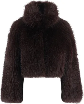 Pinko Cropped Brown Faux Fur Jacket With High Collar