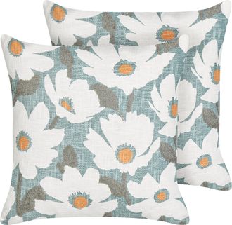 Beliani Beliani - Conjunto De 2 Cojines Boho De Algod&oacute;n Con Dise&ntilde;o Floral Hecho A Mano Funda Extra&iacute;ble 45 X 45 Cm Azul Jatropha