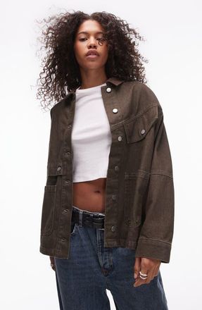 Topshop Oversize Corduroy Collar Denim Jacket in Brown at Nordstrom, Size Medium