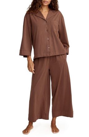 Petite Plume Olivia Wide Leg Pima Cotton Pajamas in Brown at Nordstrom, Size X-Large