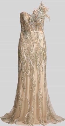 Luxuar Luxuar Abendkleid mit One-Shoulder-Tr&auml;ger und Federn in Gold, Gr&ouml;&szlig;e 34
