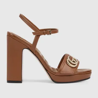 Gucci Womens Platform Sandal With Double G, Brown, Leather
