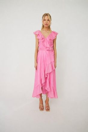 Cras Landoncras Ruffle Detail Wrap Midi Dress in Pink at Nordstrom, Size 10