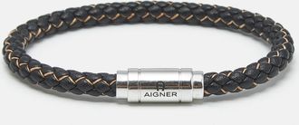Aigner Braided Leather Silver Tone Bracelet
