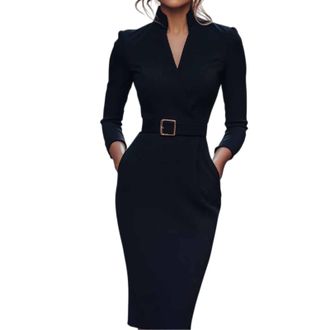 Generic Retro Dress for Women, Refined Belted Sheath Dress with Mandarin Collar, Long Sleeve Elegant V Neck Blazer, Office Business (UK, Alpha, L, Regular, Re