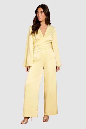 Coast Flare Sleeve Satin Wide Leg Jumpsuit in Lemon at Nordstrom, Size 12
