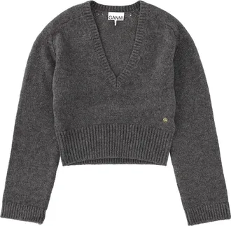 Ganni Wool and Yak Blend V-Neck Sweater - Charcoal