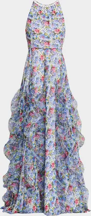 Teri Jon Sleeveless Floral Cascading Ruffle Gown