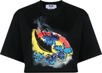 Msgm graphic-print cropped T-shirt - women - Cotton - S - Black