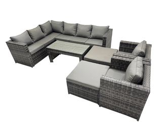 Fimous 7 Pieces Garden Furniture Corner Sofa Set & Chair 2 Big Footstools in Dark Grey