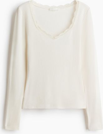 H&M Geripptes Jerseyshirt - White