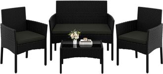 Yaheetech Yaheetech Conjunto De Muebles Rat&aacute;n De Jard&iacute;n 4 Piezas, 1 Sof&aacute; 2 Sillones Con Cojines Y 2 Mesa Con Vidrio Para Patio/terraza/balc&oacute;n (negro/gris)