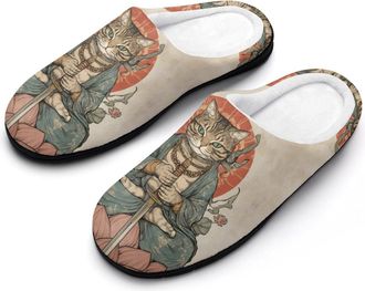Generic Vintage Japanese Samuraiscat Womens Slippers Warm House Slippers Indoor House Shoes with Anti-Skid Rubber Sole