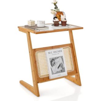 Costway Costway - Mesa Auxiliar Bohemia Con Revistero, Mesa De Noche Vers&aacute;til De Bamb&uacute; Con Tablero De Vidrio Templado, Mesa De Acento En Forma De Z Con Estant
