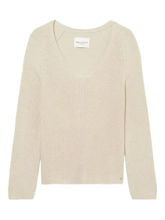 Marc O'Polo Geribbelde sweater met V-hals - Beige