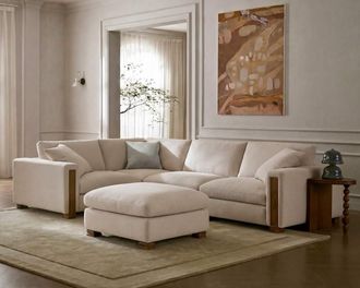 Castlery Tan France Kagan 4-Piece Chaise Sectional Couch with Ottoman, Basketweave Cream - Modern Heritage Modular Sofa - Solid Oak Pillars, Cream Color