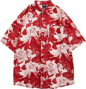 Generic Hawaiian Shirts for Men Short Sleeve Floral T-Shirts Summer Loose Fit Tropical Shirt Button Down Soft Top with Pocket Camisas De Playa para Hombres(Re