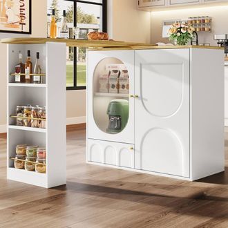 Merax White Rotating Bar Table with Glass Door Storage