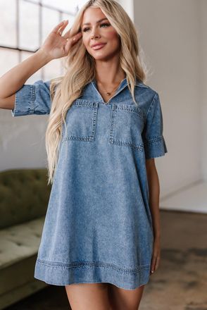 Azura Exchange Womens Denim Shirt Dress Casual Loose Fit - Blue Cotton - Size X-Large
