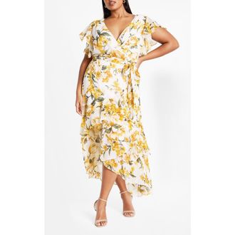 City Chic Floral Faux Wrap Tiered Midi Dress in Yellow Floral at Nordstrom