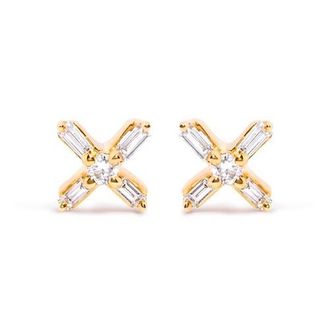 House of Brilliance 10K Yellow Gold 1/10 Ct Round and Baguette Diamond Criss Cross X Stud Earring at Nordstrom