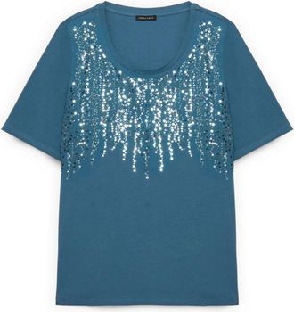 Fiorella Rubino Katoenen T-shirt met Cascading Pailletten - Dames - T-shirts - Blauw - 2XL - Katoen - Tops